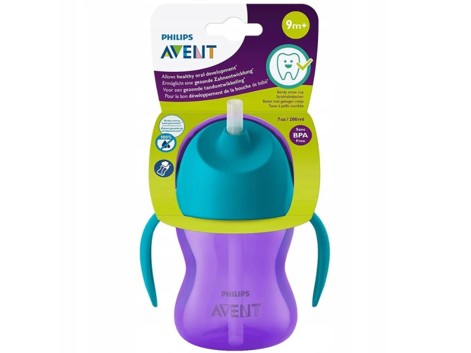 Philips Avent, Kubek z giętką słomką, 9m+, 200 ml SCF796/02 fioletowy